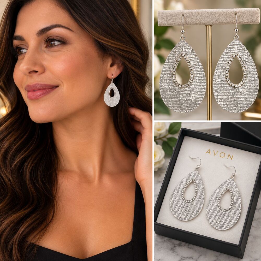 Avon Earrings Silver Tone Textured Teardrop Dangle Rhinestone Womens Boxed Gift